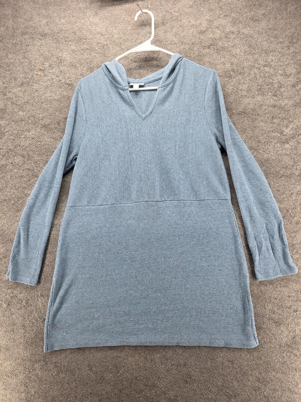 J. Jill Sweater Tunic Womens M Blue Hooded V-Neck Soft Ribbed Knit Pullover